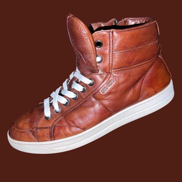 Prada Mens Old Nappa Leather High Top Sneaker Designer Calzature Uomo Size 8.5 F - Picture 1 of 10